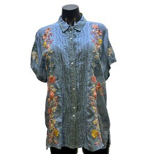 Johnny Was Embroidered Blue Short Sleeve Blouse L